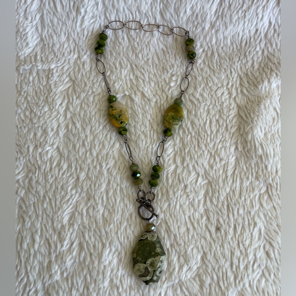 Green Jasper Necklace Natual Stone and Silver